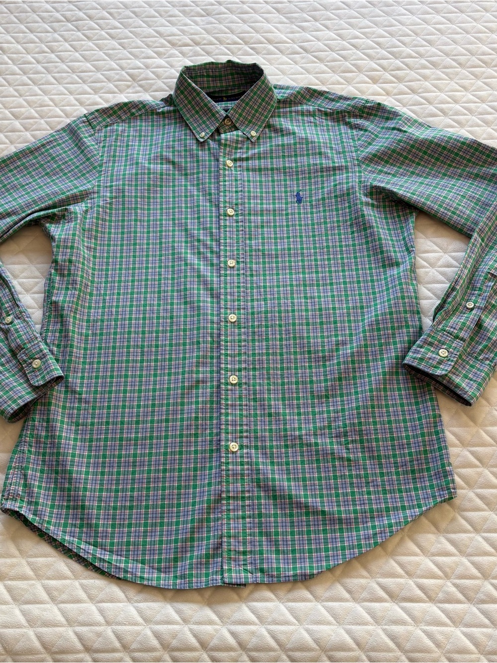 Ralph Lauren Men Classic Fit Button Down Dress Shirt Green Blue Plaid Size S